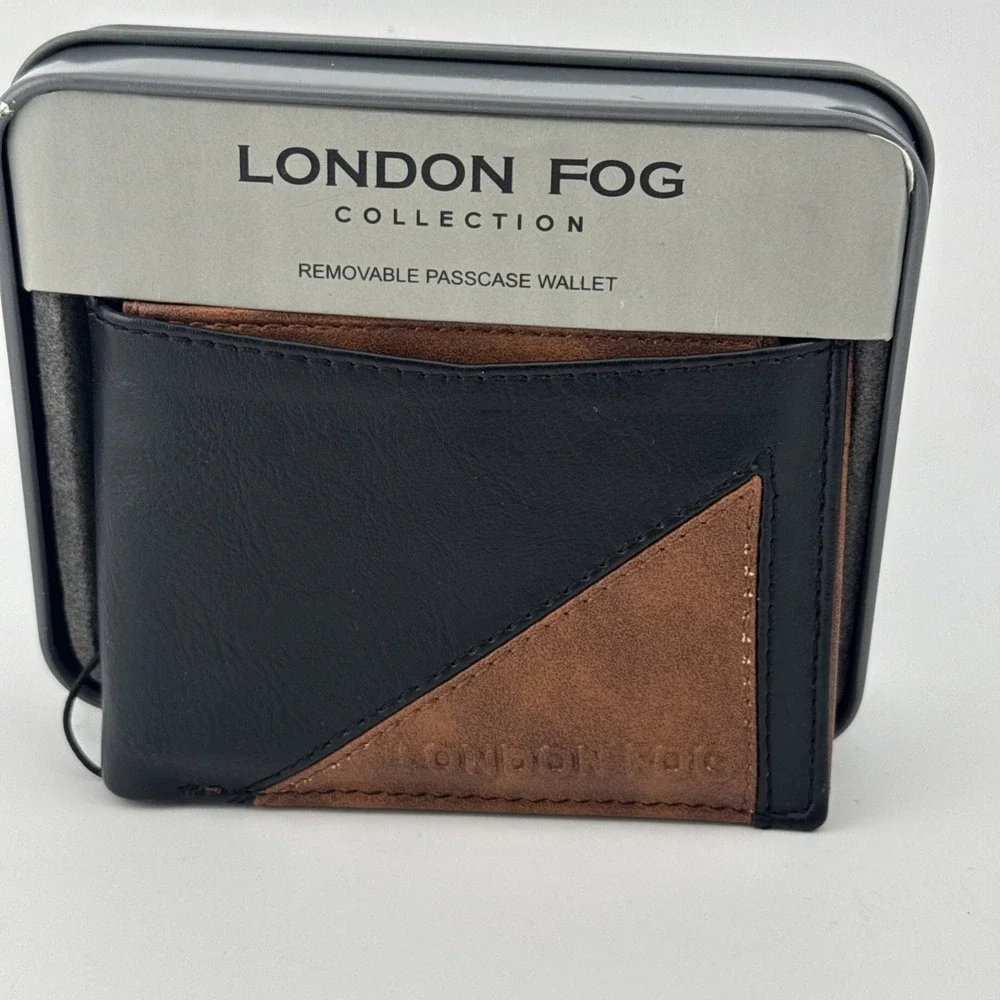 London Fog Mens Leather Bifold Passcase Wallet Brown Black RFID Blocking Tin